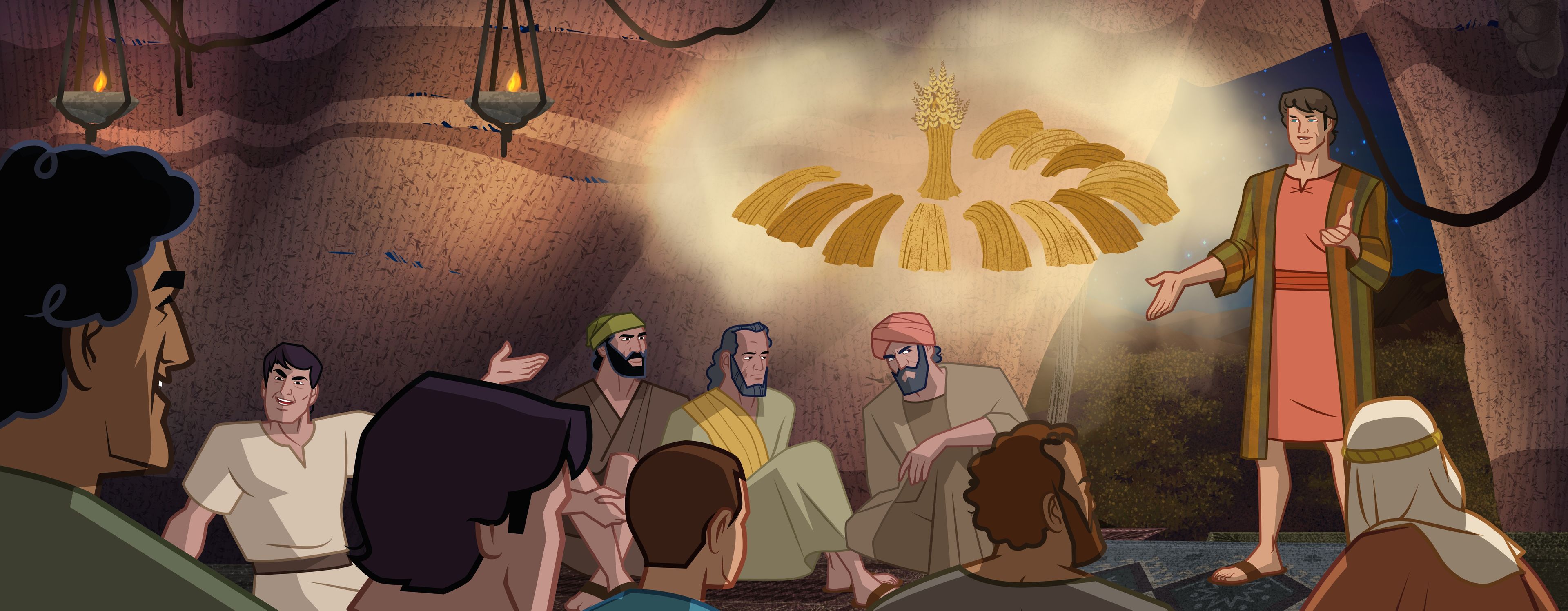 Illustration of Joseph explaining dream about grain. Genesis 37:2, 5–8