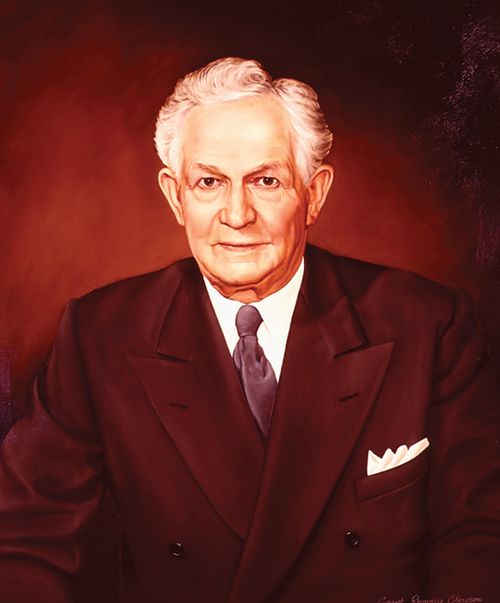 A painted portrait by Grant Romney Clawson of David O. McKay in a dark suit, against a red background.