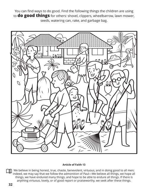 A line image of a family doing yard work and service at a home with a seek and find game.