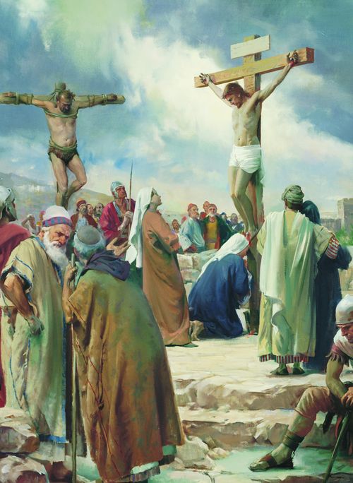 Christ hanging on a cross at Calvary. Two thieves, also hanging on crosses are at the left and right of Christ. Numerous observers, including Mary, the mother of Christ, Mary Magdalene, other mourners and Roman soldiers are gathered around the crosses. Thunder clouds are gathering in the sky.