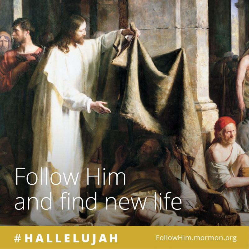 Painting of Jesus healing a man.  The text reads "Follow Him and find new life."  #Hallelujah. English language.  © See Individual Images ipCode 1.