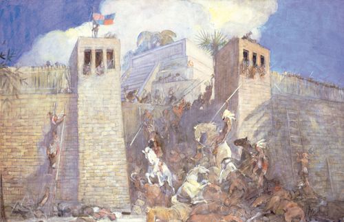 Nephites on a wall defending their city against the Lamanites