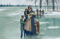 woman crossing frozen river with children