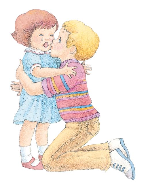 A watercolor illustration of a boy kneeling to comfort his younger sister, who is crying.