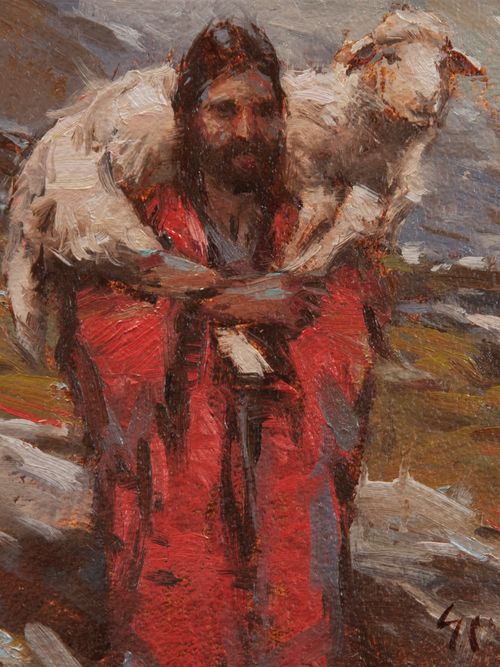 Jesus carrying sheep on shoulders