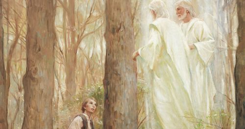 Gemälde von der ersten Vision von Walter Rane; im heiligen Hain erscheinen Joseph Smith Gottvater und der Sohn