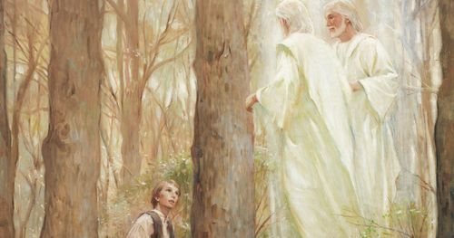 Pintura de la Primera Visión por Walter Rane. El Padre y el Hijo se aparecen a José Smith en la arboleda sagrada.