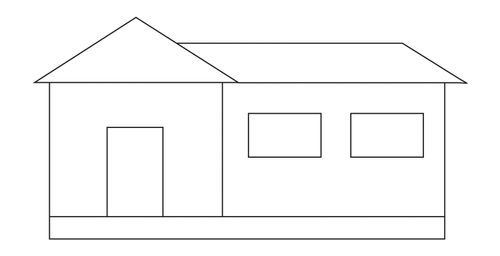 A black-and-white line drawing of a simple house on a large foundation.