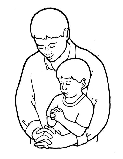 A black-and-white illustration of a man and a boy bowing their heads and folding their hands in prayer.