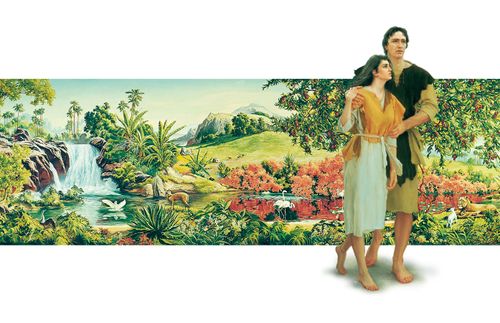 Adam and Eve with Garden of Eden in background