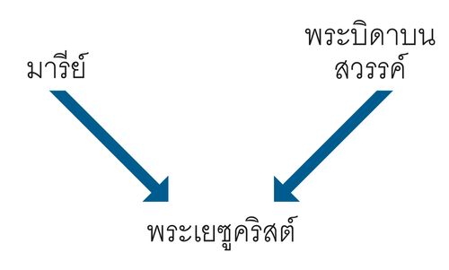 Diagram with the words Mary and Heavenly Father and arrows pointing to the words Jesus Christ.