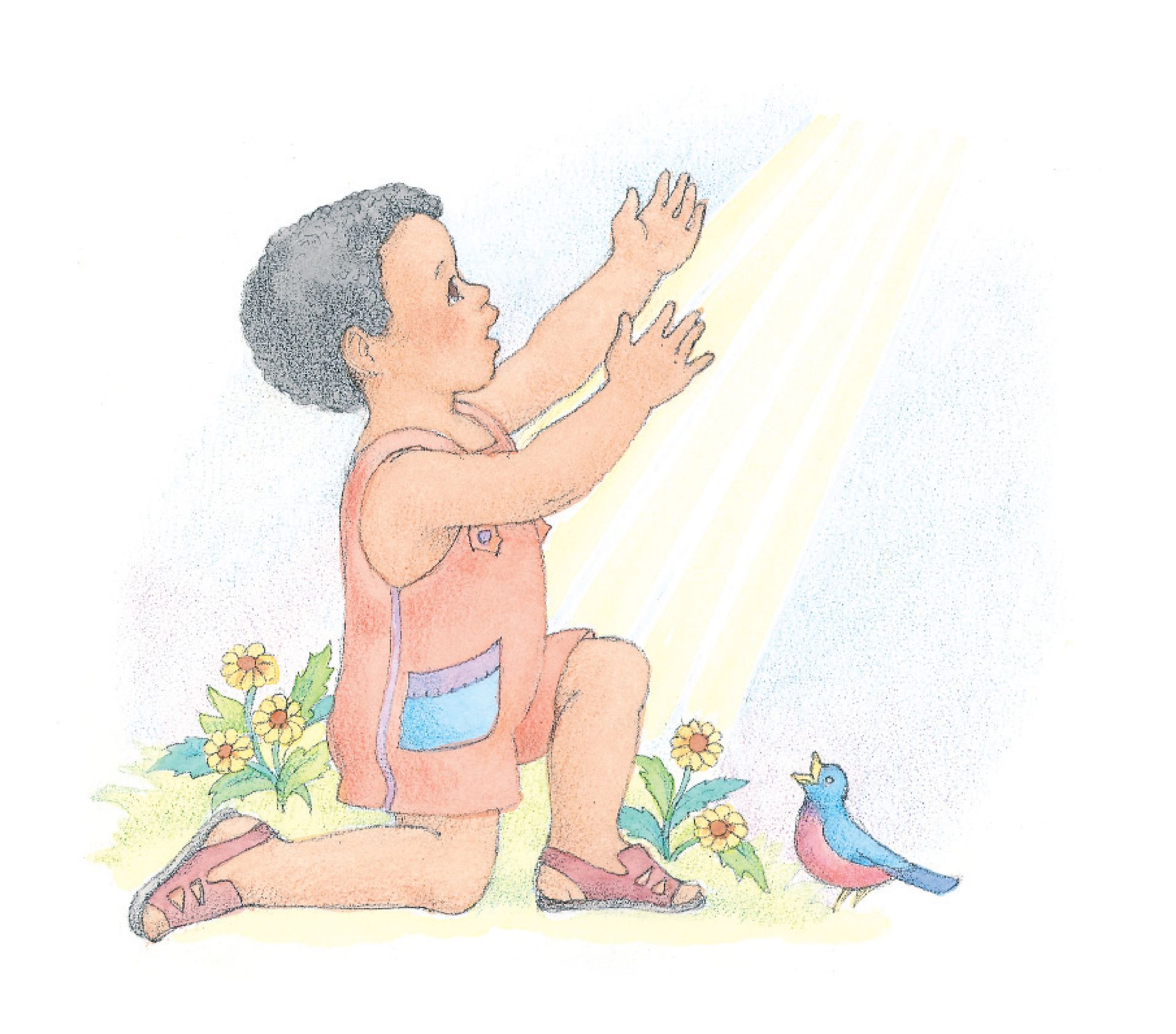 A young boy kneeling and reaching toward the sun. From the Children’s Songbook, page 60, “Jesus Wants Me for a Sunbeam”; watercolor illustration by Phyllis Luch.