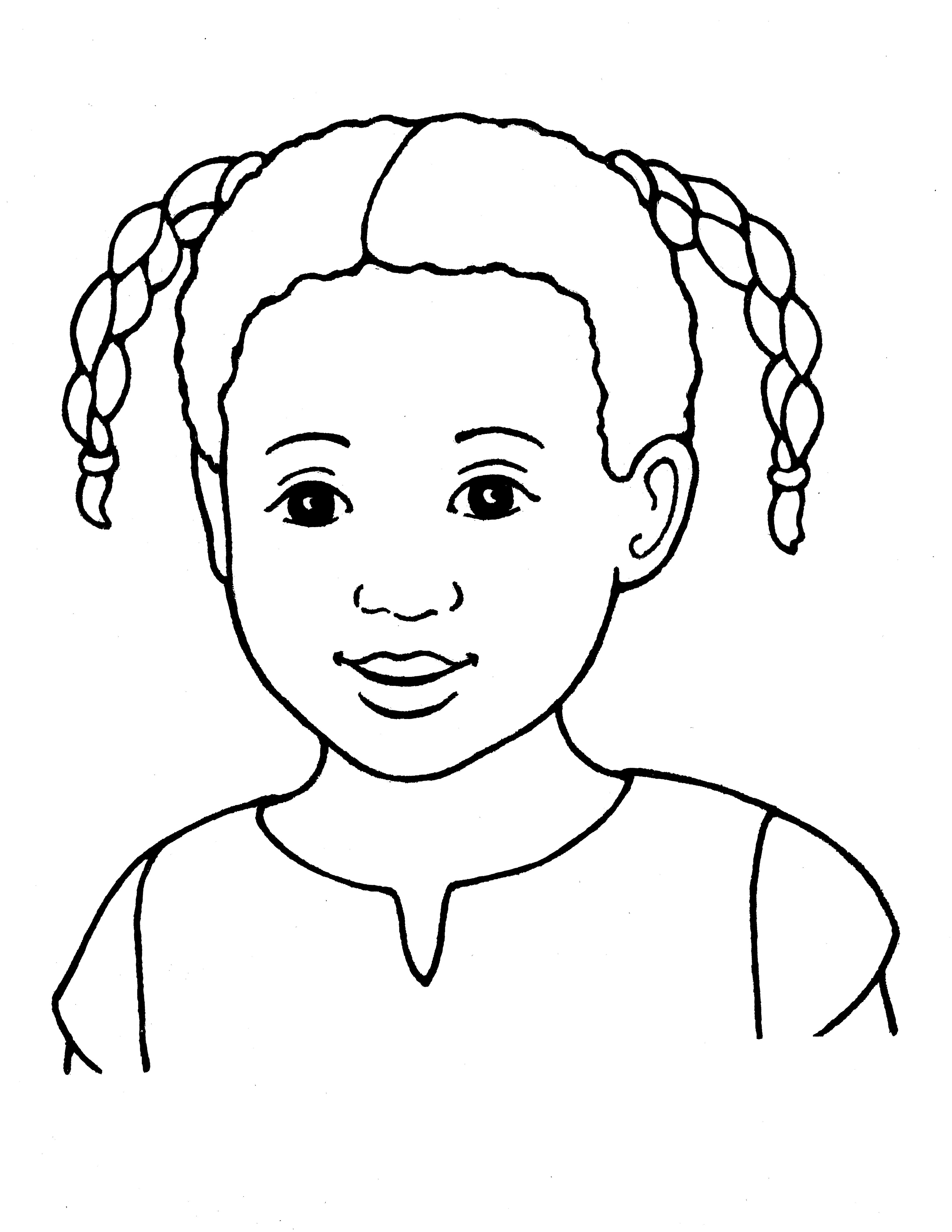 A line drawing of a Primary girl with braided pigtails and brown eyes.