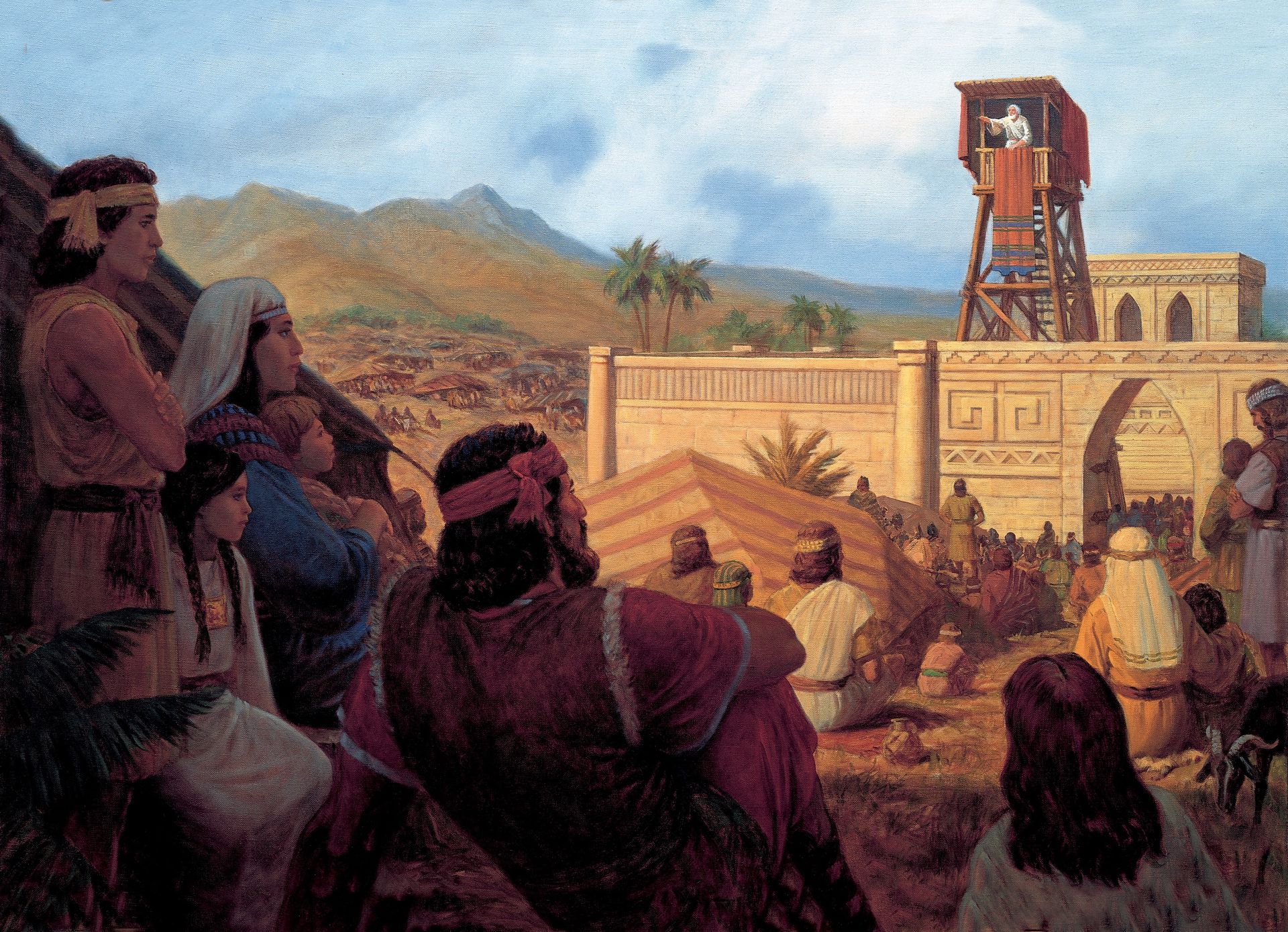 King Benjamin Addresses His People (King Benjamin Preaches to the Nephites), by Gary L. Kapp (62298); GAK 307; GAB 74; Primary manual 4-21; Mosiah 1:9–11, 18; 2:2–6