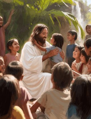 Taideteos Jeesuksesta Kristuksesta lasten kanssa