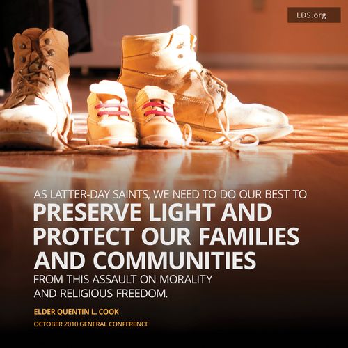 An image of an adult’s shoes and a child’s shoes with a quote: “As Latter-day Saints, we need to do our best to preserve light and protect our families and