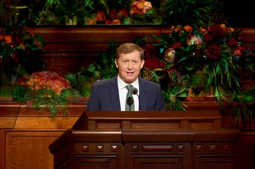 Bishop L. Todd Budge speaks during the Sunday afternoon session of General Conference. October 3, 2021.