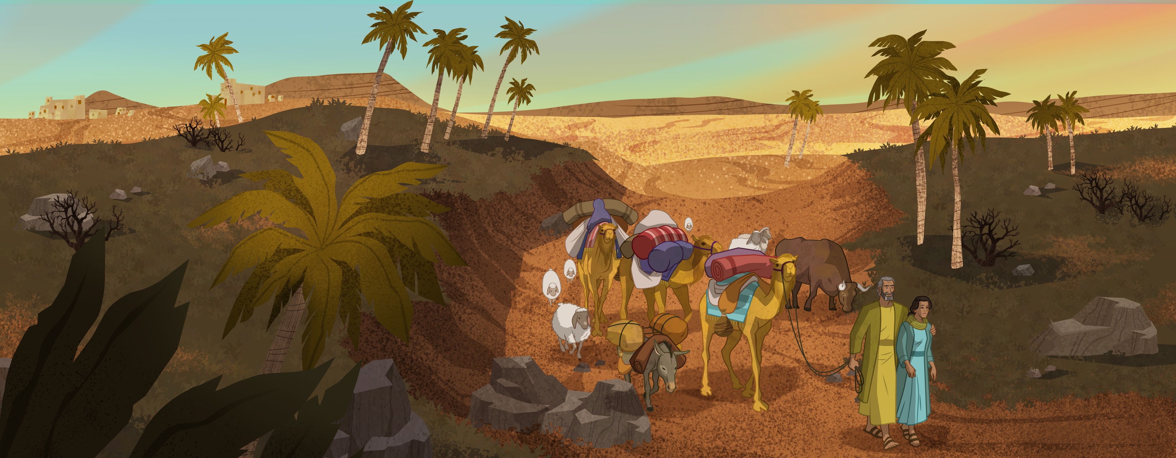 Illustrazione di Abrahamo e Sara in viaggio con dei cammelli. 
Genesi 12:10–20; Abrahamo 2:21–25