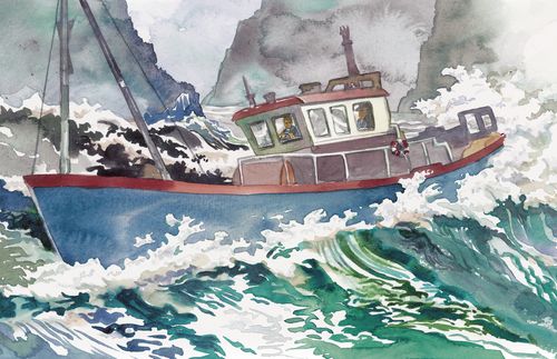 drawing of boat in storm