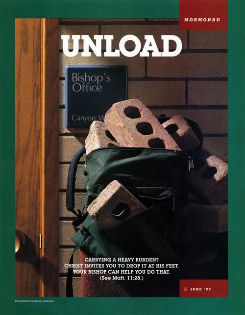 A conceptual photograph showing a backpack full of bricks sitting outside of a bishop’s office, paired with the word “Unload.”