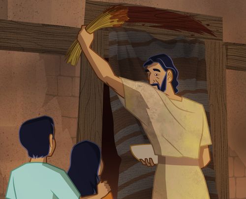 Gravura de homem pintando o umbral da porta, crianças observando. 
Êxodo 12:4–7
