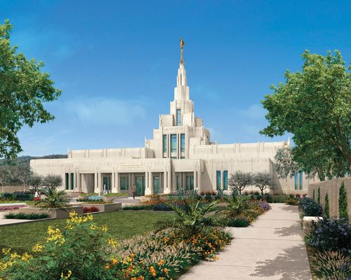 An artist’s rendition of the Phoenix Arizona Temple on a sunny day, with trees and flowers on the grounds and people walking on the sidewalks toward the entrance.