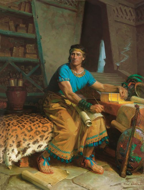 A painting by Tom Lovell of Nephi sitting on a bench, holding a roll of parchment on his lap, and resting one arm on the gold plates lying on a table.