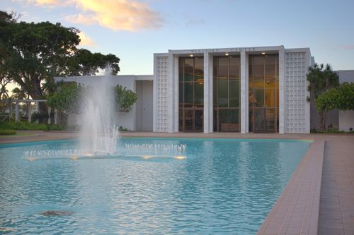 The water fountain and pond on the grounds of the Laie Hawaii Temple, seen in the daytime near the visitors’ center.