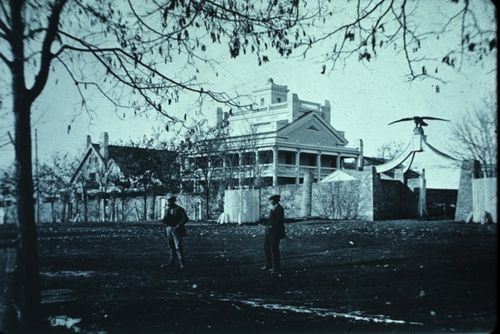 Historic photograph of the exterior of the Beehive House in Salt Lake City, Utah.
