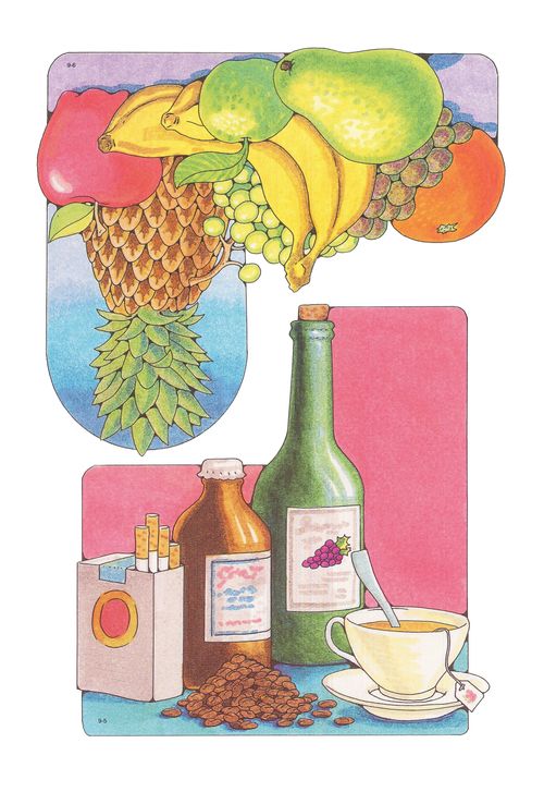 Two Primary cutouts of five unhealthy foods in the Word of Wisdom and a variety of fruits beside each other.