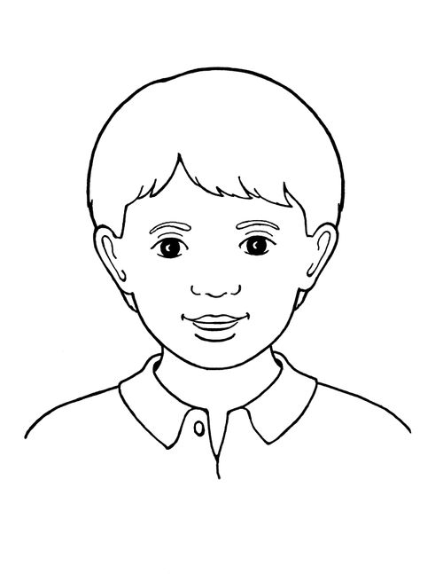 A black-and-white illustration of a young boy with short hair, dark eyes, and a collared shirt.