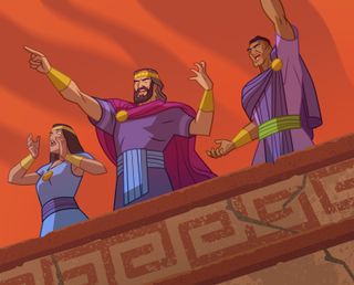 Nephites dressed in fancy clothes stand on a city wall and yell