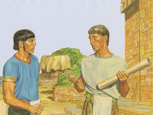 A painting by Jerry Thompson showing Alma holding a parchment roll and talking to Korihor while standing outside a stone building.