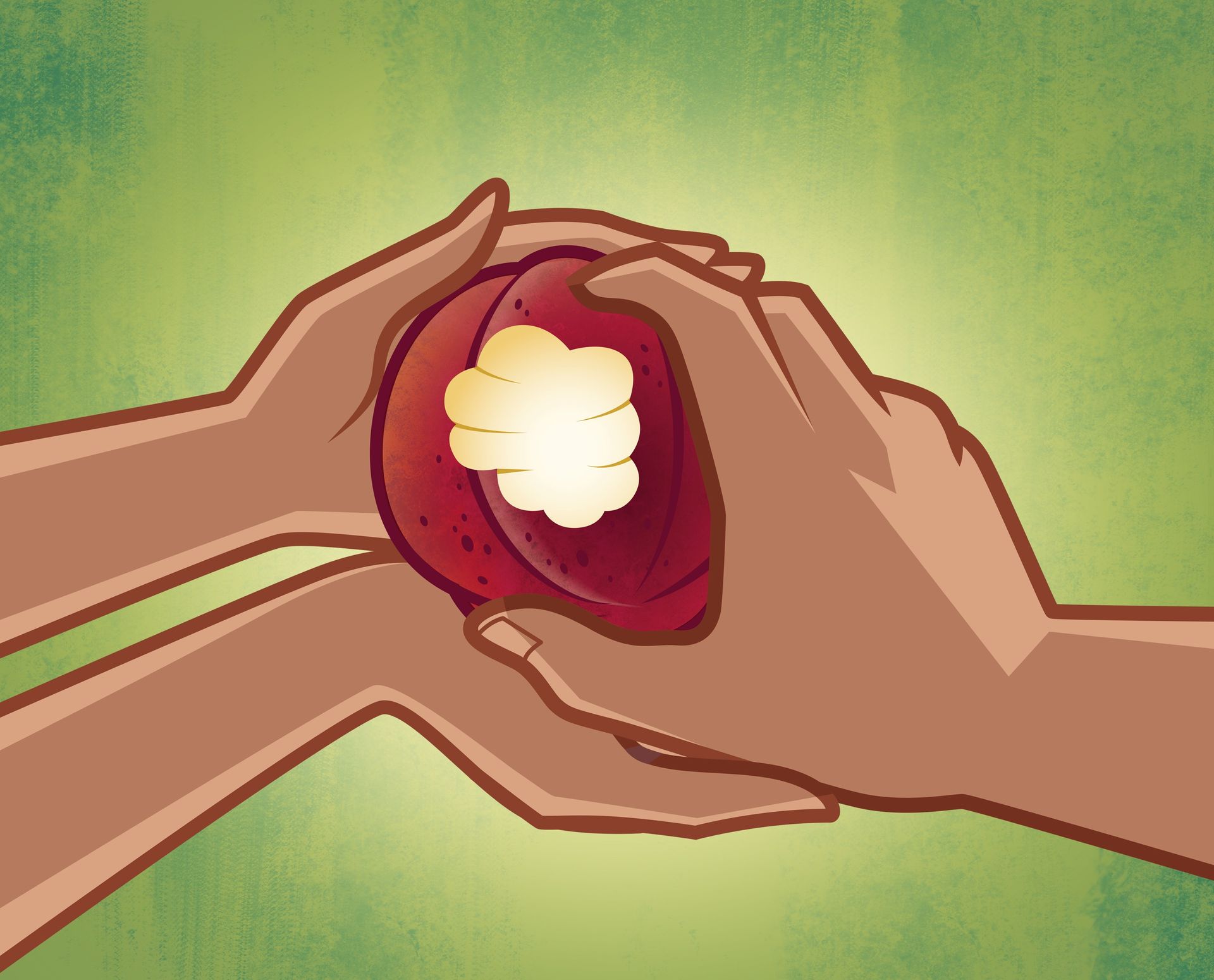 Illustration of Adam and Eve's hands holding fruit. Genesis 3:6–7; Moses 4:12