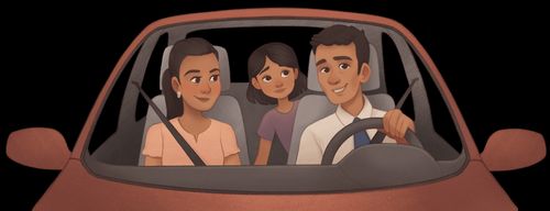 Girl in a car with her mother and father