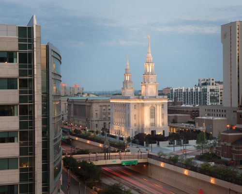 An exterior view of the Philadelphia Pennsylvania Temple and grounds at dusk.