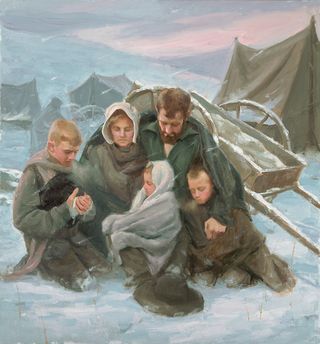 A pioneer family with the Martin handcart company kneeling huddled together on the snowy ground.  There are tents and a handcart in the background.