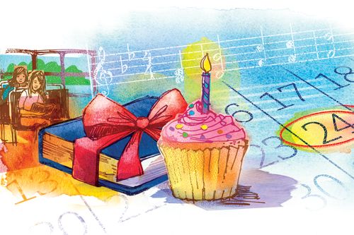 illustration of giftwrapped book and cupcake