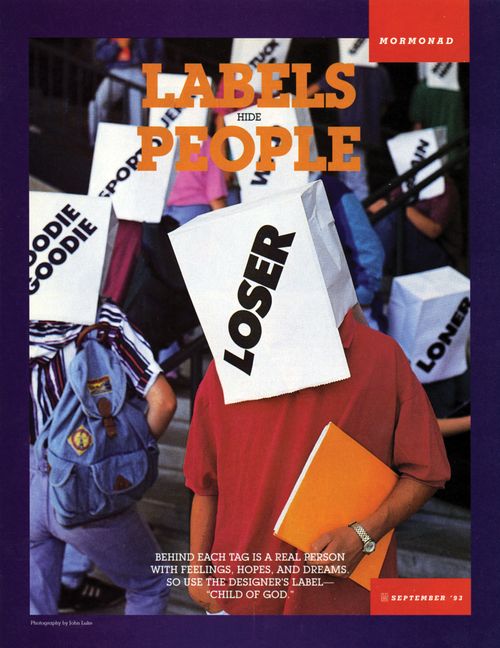 A conceptual photograph of teens at a school walking around with labeled paper bags on their heads, paired with the words “Labels Hide People.”