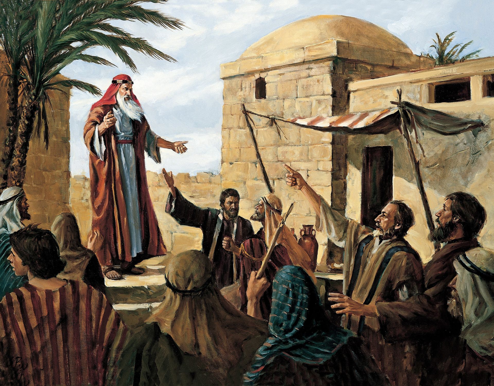 Lehi Prophesying to the People of Jerusalem (Lehi Preaching in Jerusalem), by Del Parson (62517); GAK 300; GAB 67; Primary manual 3-39; Primary manual 4-04; 1 Nephi 1:18–20