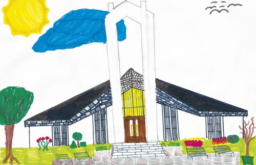 Child's art depicting the Freiberg Germany Temple.