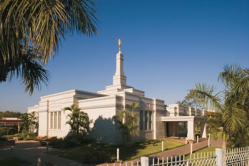 The Asunción Paraguay Temple and the palm trees on the grounds in the daytime.