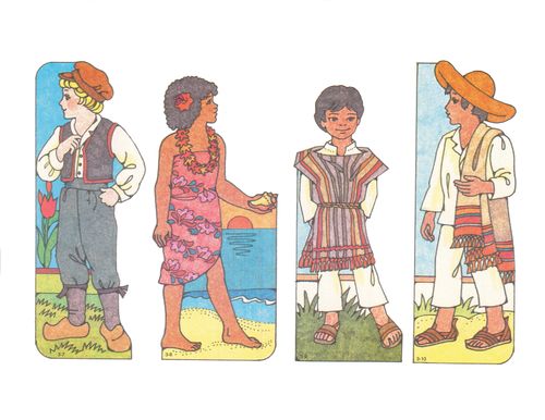 Primary cutouts of a Dutch boy wearing a hat, a Fijian girl holding a shell by the ocean, a Mexican boy standing on grass, and a Mexican boy in a hat.