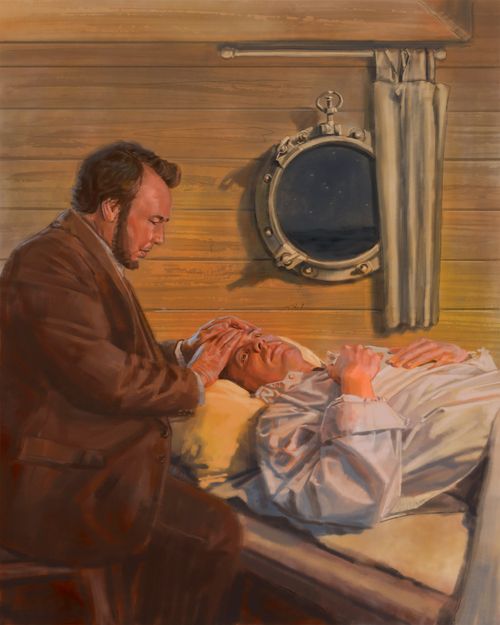 Elder Snow giving a blessing to an injured man lying in bed on the ship Swanton.