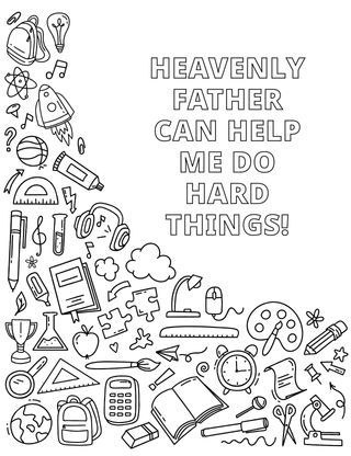 Coloring page of various school supplies and other items