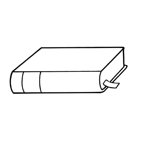 A black-and-white illustration of of the Book of Mormon lying closed on its side with a small ribbon bookmark seen between the pages.