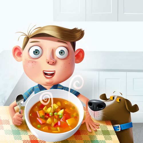 un niño con un plato de sopa