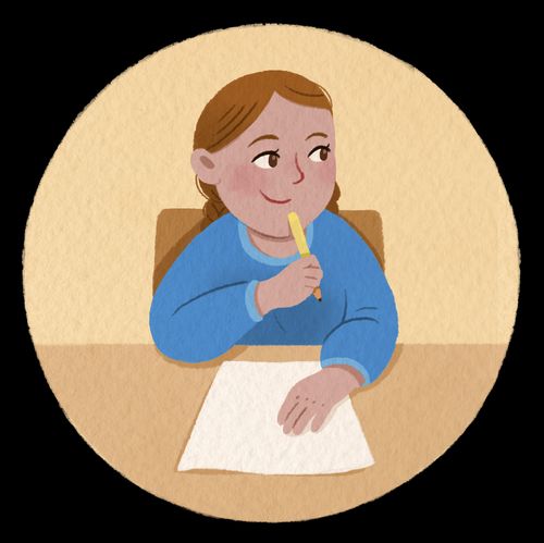 Smiling girl sitting at desk with pencil and paper