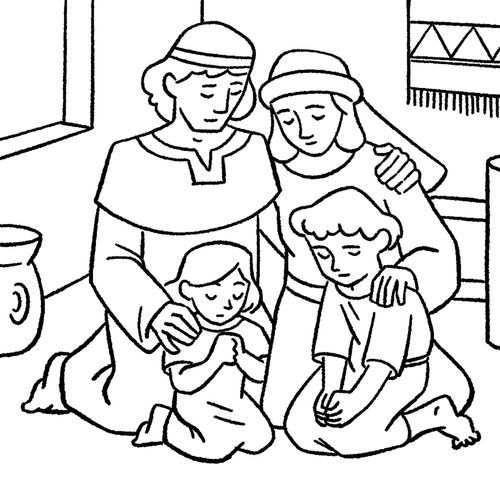 Coloring page of a Nephite family praying together