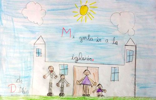 drawing of family in front of Church building